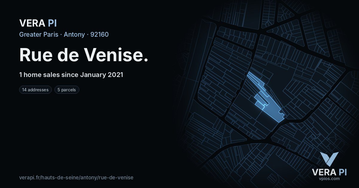 Rue de Venise, Antony at night – every parcel coloured by the prices around it, the street's own parcels lit