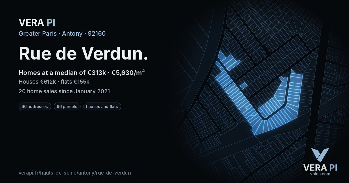 Rue de Verdun, Antony at night – every parcel coloured by the prices around it, the street's own parcels lit