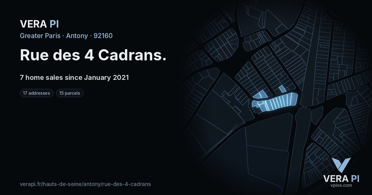 Rue des 4 Cadrans, Antony at night – every parcel coloured by the prices around it, the street's own parcels lit