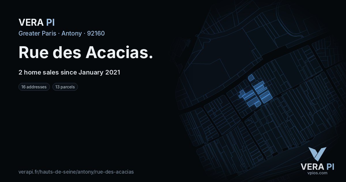 Rue des Acacias, Antony at night – every parcel coloured by the prices around it, the street's own parcels lit