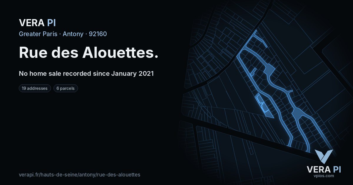 Rue des Alouettes, Antony at night – every parcel coloured by the prices around it, the street's own parcels lit
