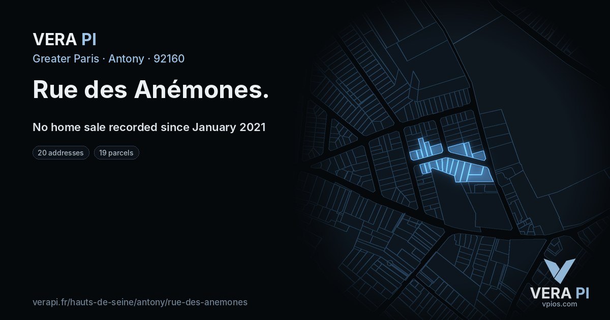 Rue des Anémones, Antony at night – every parcel coloured by the prices around it, the street's own parcels lit