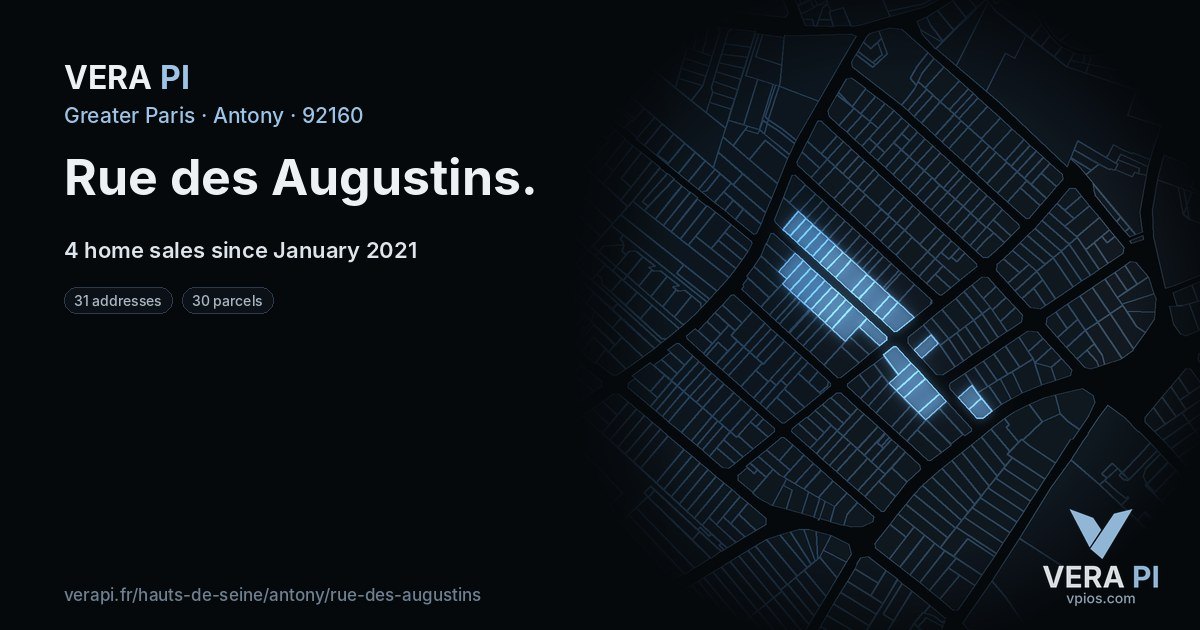 Rue des Augustins, Antony at night – every parcel coloured by the prices around it, the street's own parcels lit