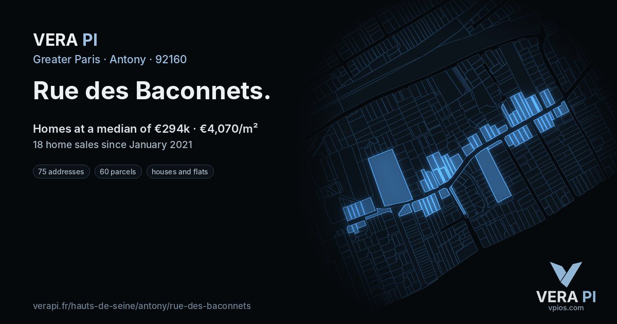 Rue des Baconnets, Antony at night – every parcel coloured by the prices around it, the street's own parcels lit
