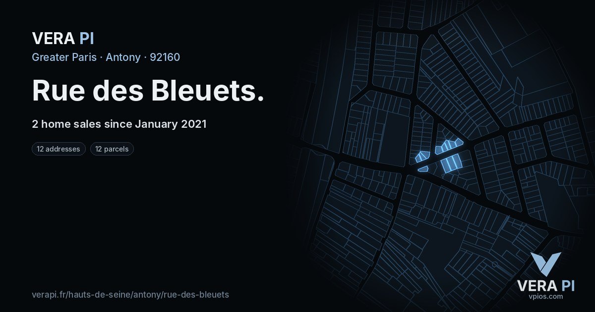 Rue des Bleuets, Antony at night – every parcel coloured by the prices around it, the street's own parcels lit