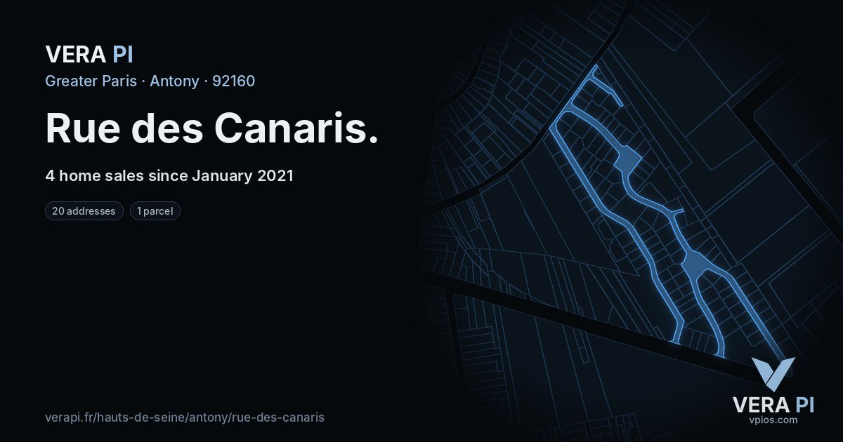 Rue des Canaris, Antony at night – every parcel coloured by the prices around it, the street's own parcels lit
