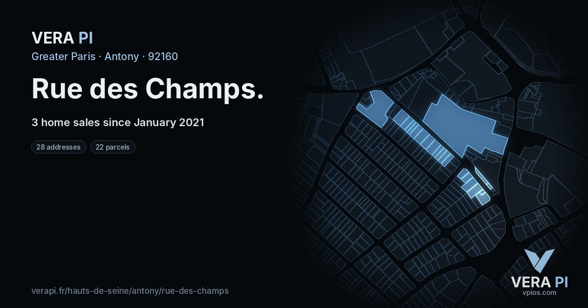 Rue des Champs, Antony at night – every parcel coloured by the prices around it, the street's own parcels lit
