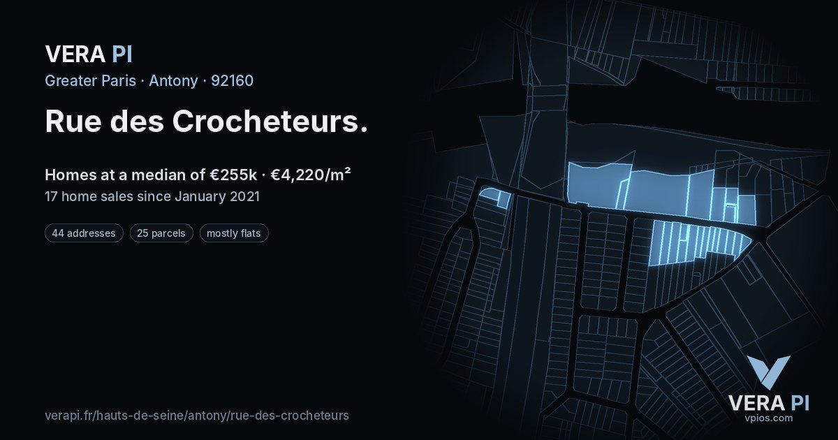 Rue des Crocheteurs, Antony at night – every parcel coloured by the prices around it, the street's own parcels lit