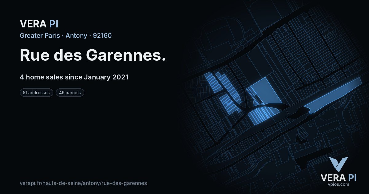 Rue des Garennes, Antony at night – every parcel coloured by the prices around it, the street's own parcels lit