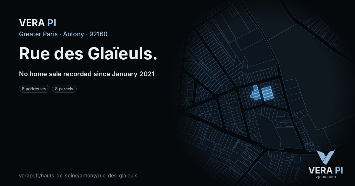 Rue des Glaïeuls, Antony at night – every parcel coloured by the prices around it, the street's own parcels lit