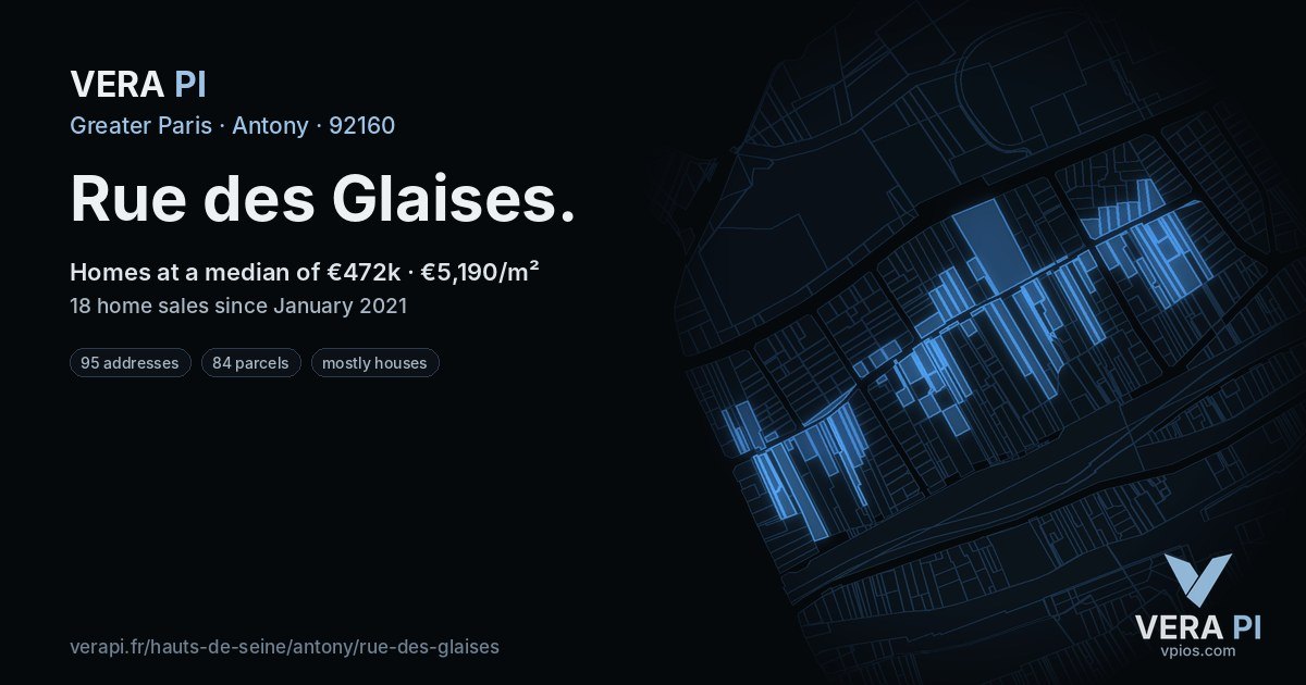 Rue des Glaises, Antony at night – every parcel coloured by the prices around it, the street's own parcels lit