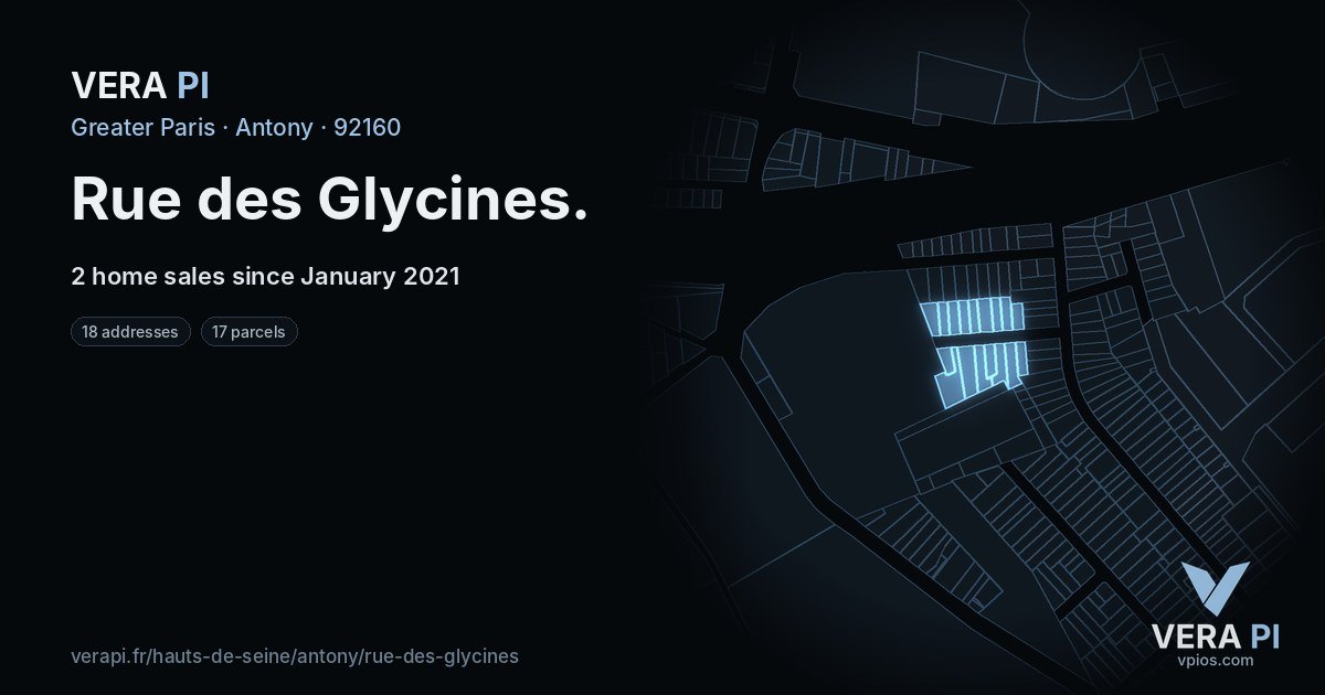 Rue des Glycines, Antony at night – every parcel coloured by the prices around it, the street's own parcels lit