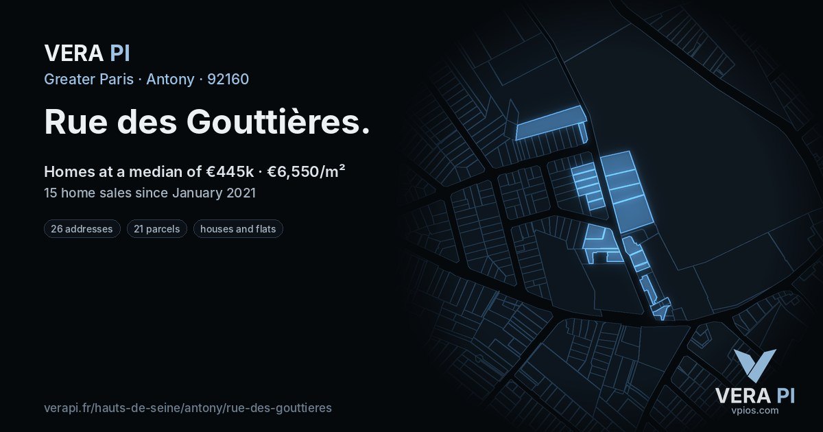 Rue des Gouttières, Antony at night – every parcel coloured by the prices around it, the street's own parcels lit