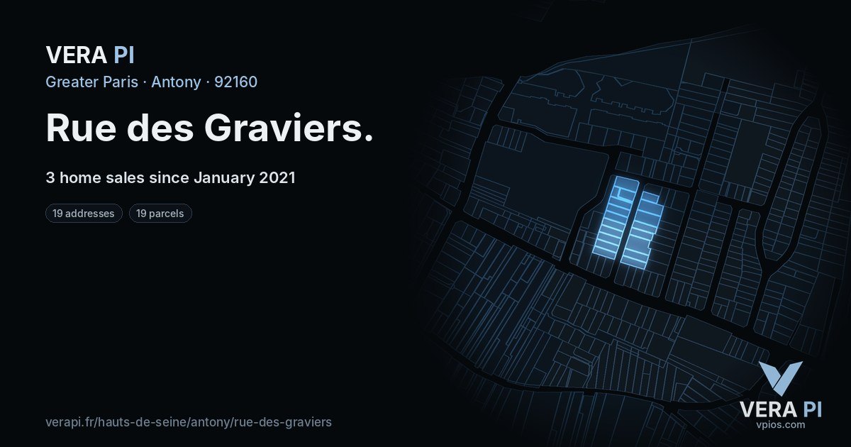 Rue des Graviers, Antony at night – every parcel coloured by the prices around it, the street's own parcels lit