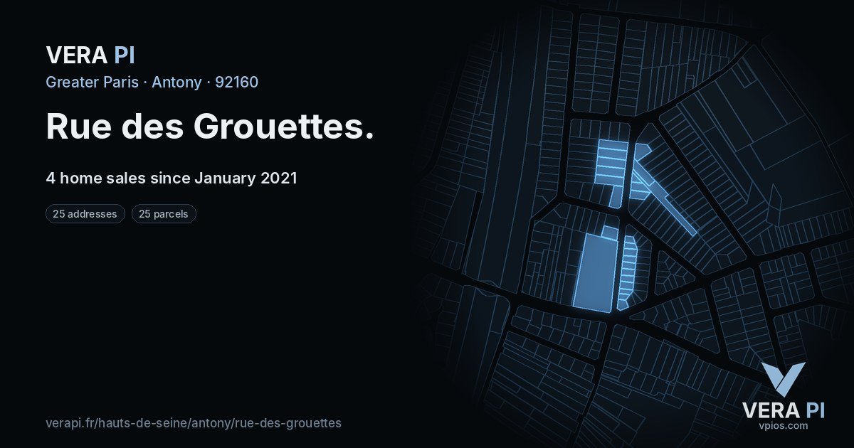 Rue des Grouettes, Antony at night – every parcel coloured by the prices around it, the street's own parcels lit