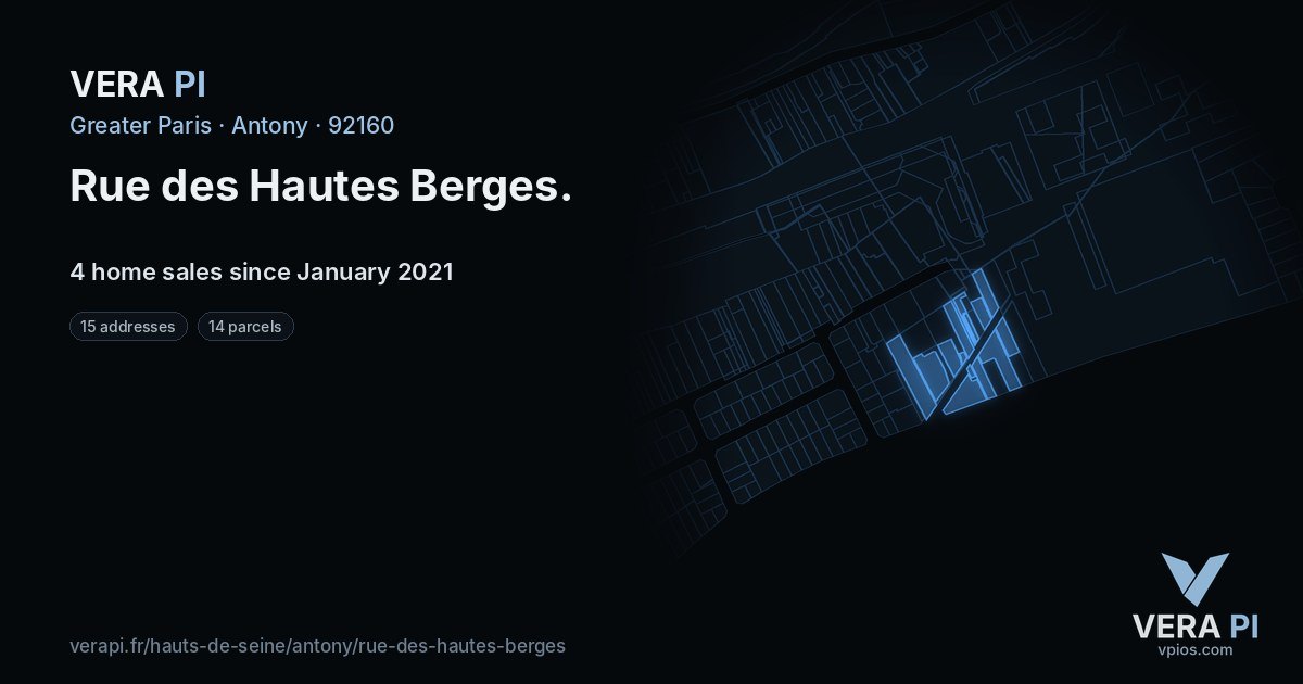Rue des Hautes Berges, Antony at night – every parcel coloured by the prices around it, the street's own parcels lit