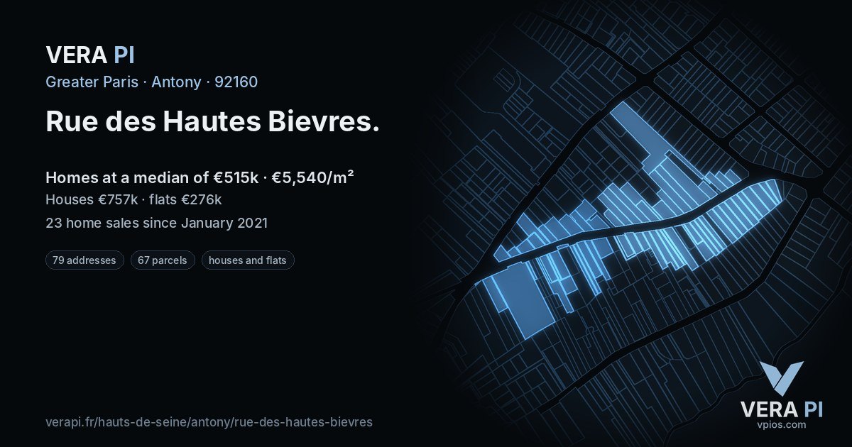Rue des Hautes Bievres, Antony at night – every parcel coloured by the prices around it, the street's own parcels lit