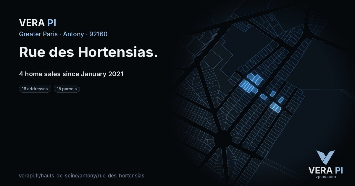 Rue des Hortensias, Antony at night – every parcel coloured by the prices around it, the street's own parcels lit