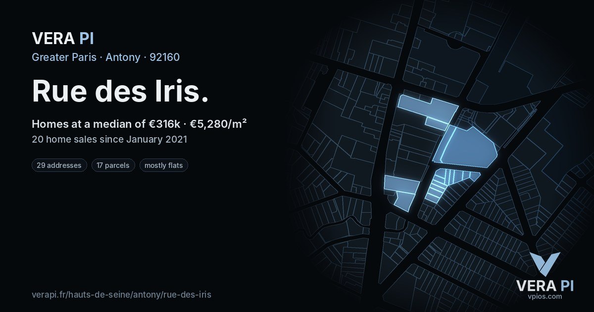 Rue des Iris, Antony at night – every parcel coloured by the prices around it, the street's own parcels lit