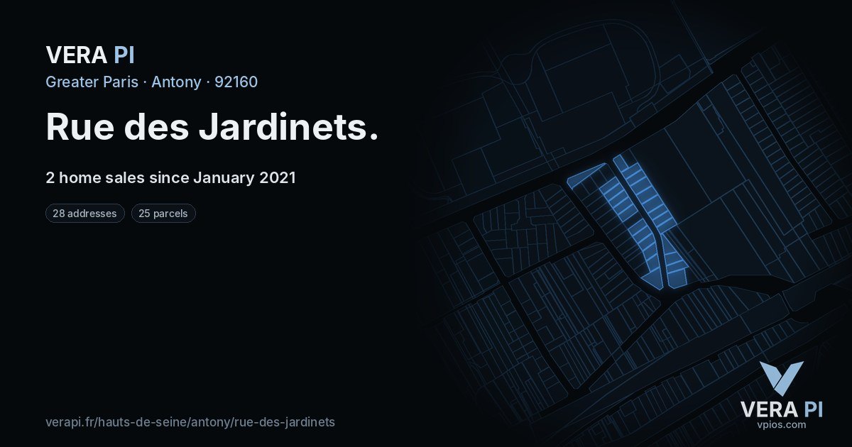 Rue des Jardinets, Antony at night – every parcel coloured by the prices around it, the street's own parcels lit