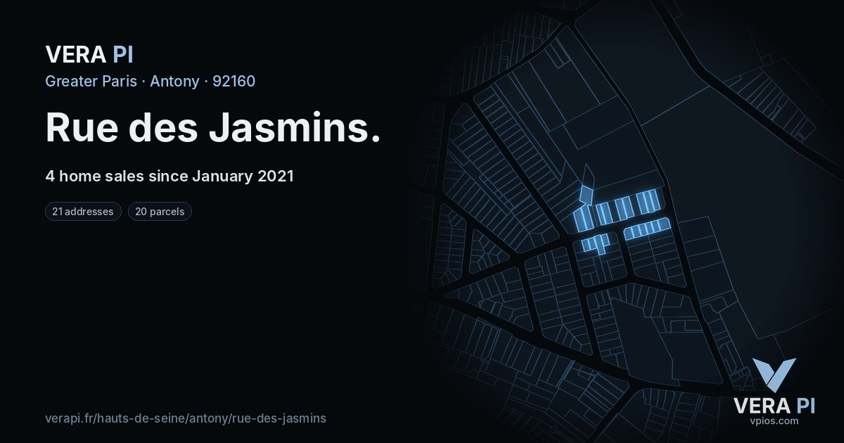 Rue des Jasmins, Antony at night – every parcel coloured by the prices around it, the street's own parcels lit