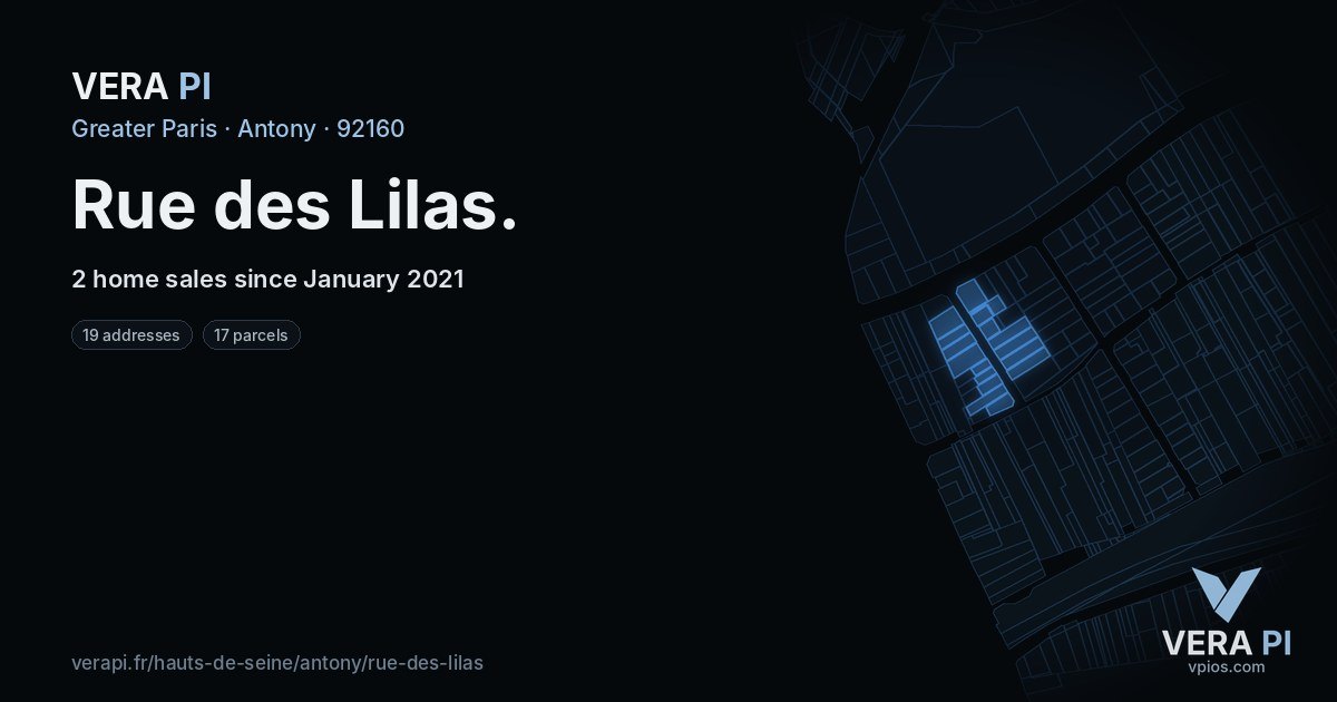 Rue des Lilas, Antony at night – every parcel coloured by the prices around it, the street's own parcels lit
