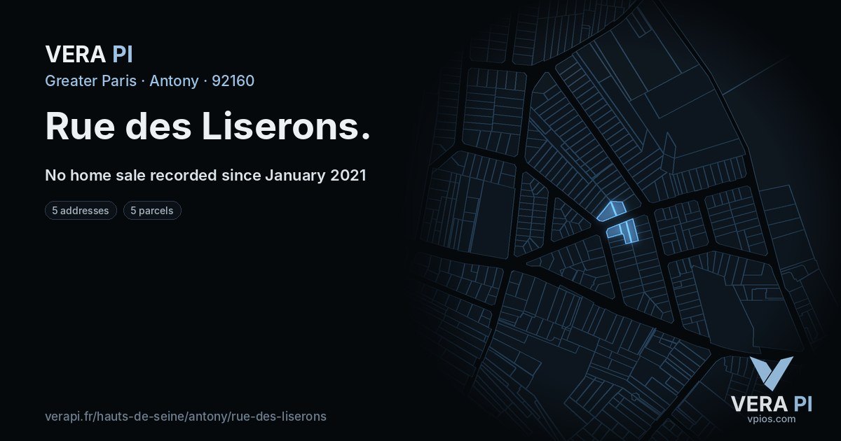 Rue des Liserons, Antony at night – every parcel coloured by the prices around it, the street's own parcels lit