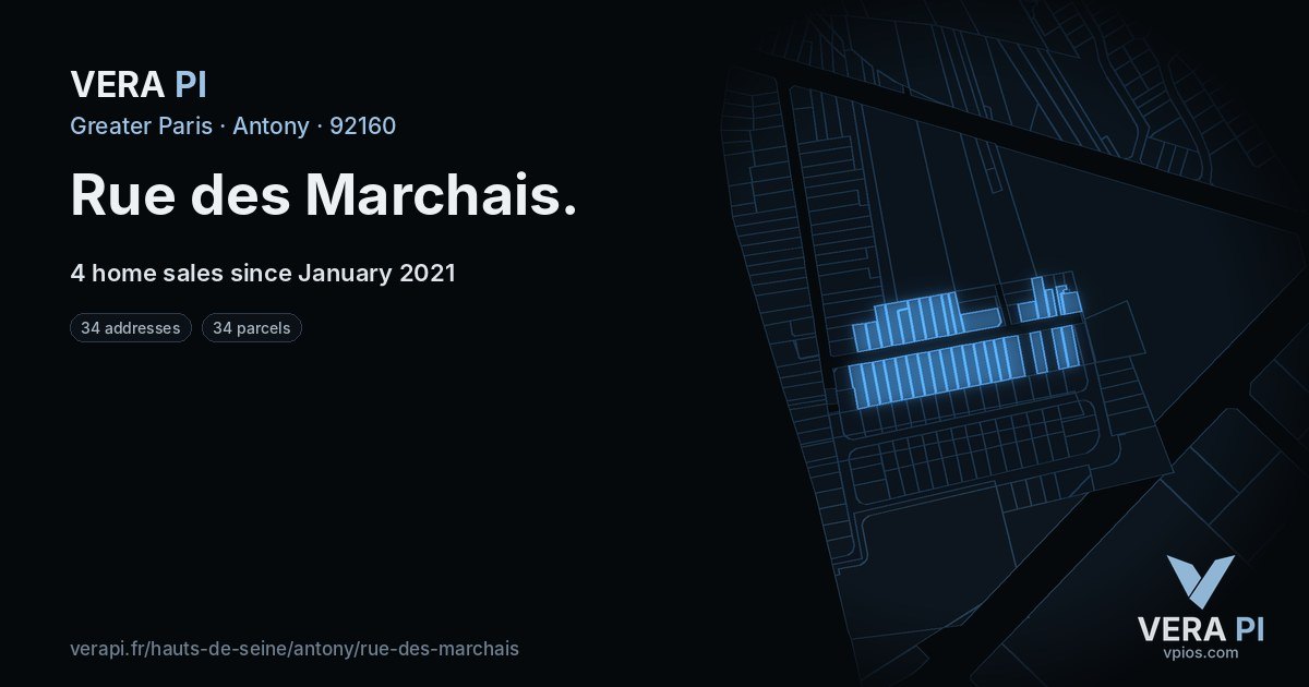 Rue des Marchais, Antony at night – every parcel coloured by the prices around it, the street's own parcels lit