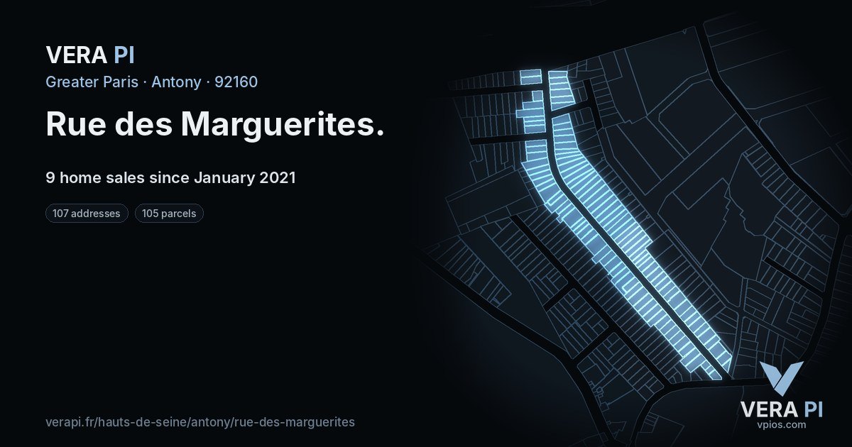 Rue des Marguerites, Antony at night – every parcel coloured by the prices around it, the street's own parcels lit