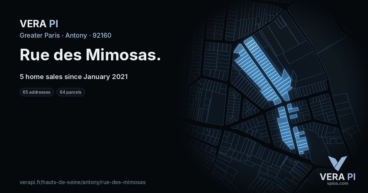 Rue des Mimosas, Antony at night – every parcel coloured by the prices around it, the street's own parcels lit