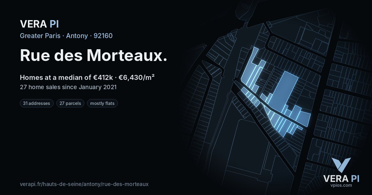 Rue des Morteaux, Antony at night – every parcel coloured by the prices around it, the street's own parcels lit
