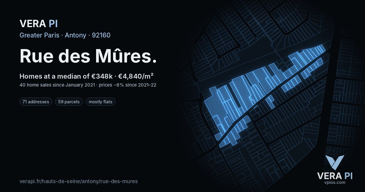 Rue des Mûres, Antony at night – every parcel coloured by the prices around it, the street's own parcels lit