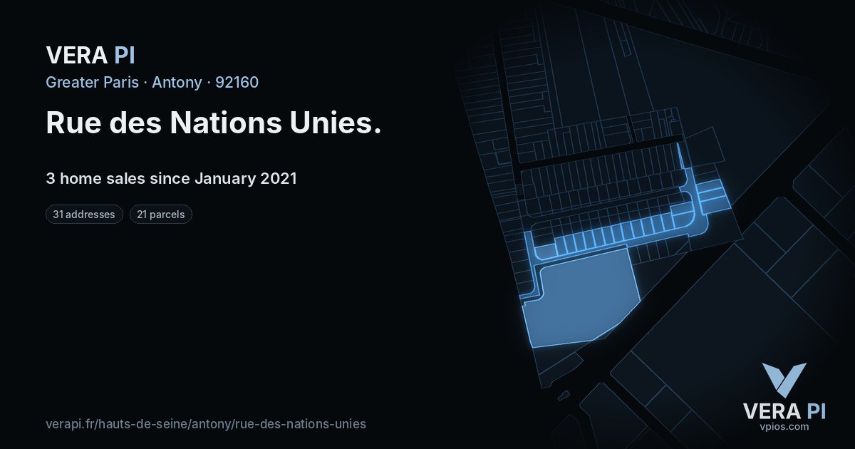 Rue des Nations Unies, Antony at night – every parcel coloured by the prices around it, the street's own parcels lit