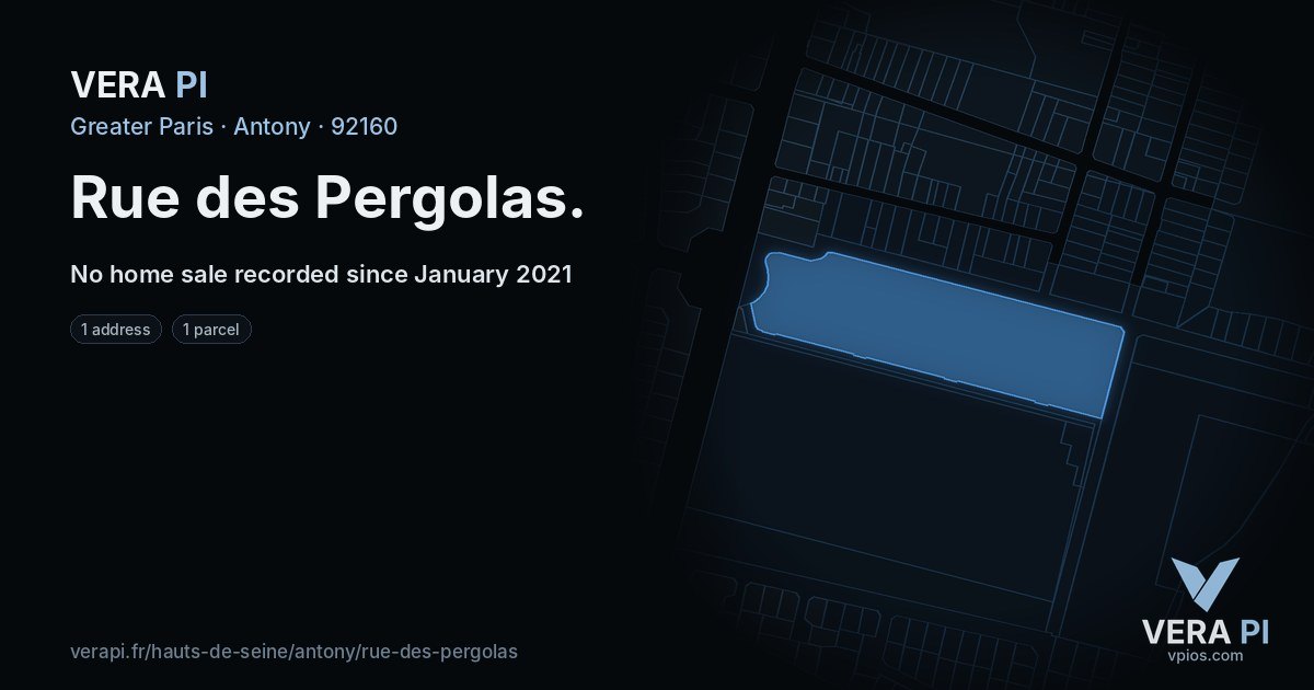 Rue des Pergolas, Antony at night – every parcel coloured by the prices around it, the street's own parcels lit