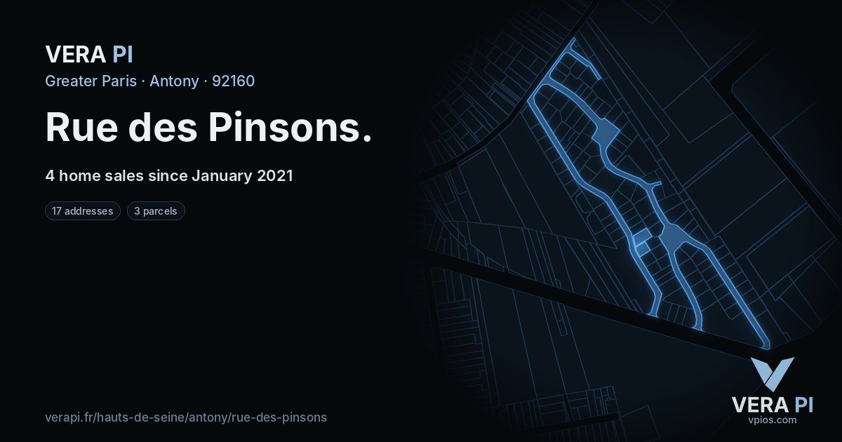 Rue des Pinsons, Antony at night – every parcel coloured by the prices around it, the street's own parcels lit