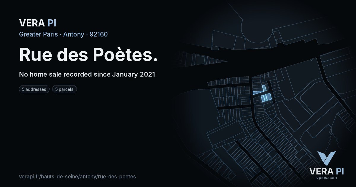 Rue des Poètes, Antony at night – every parcel coloured by the prices around it, the street's own parcels lit
