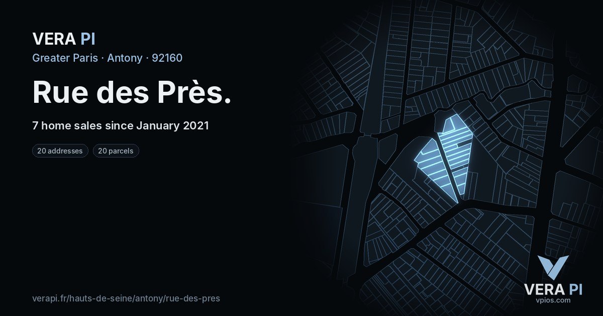 Rue des Près, Antony at night – every parcel coloured by the prices around it, the street's own parcels lit