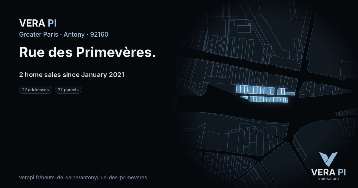 Rue des Primevères, Antony at night – every parcel coloured by the prices around it, the street's own parcels lit