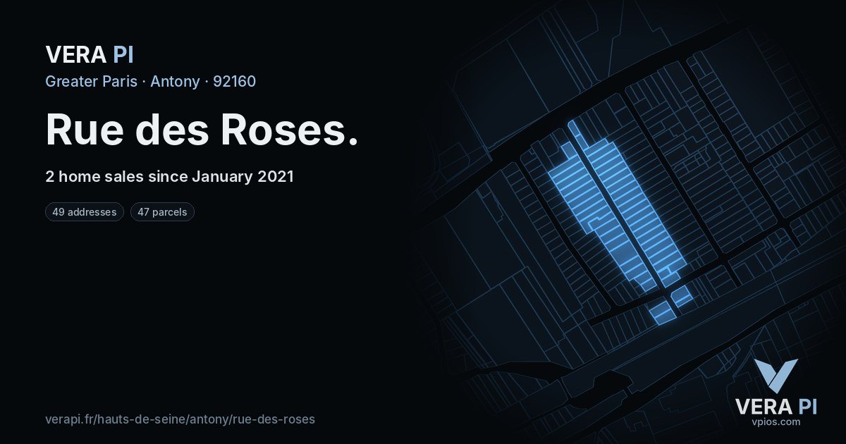 Rue des Roses, Antony at night – every parcel coloured by the prices around it, the street's own parcels lit