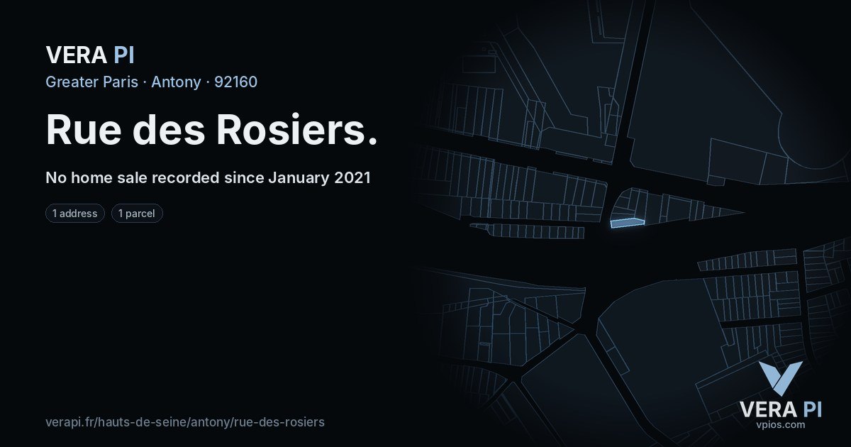 Rue des Rosiers, Antony at night – every parcel coloured by the prices around it, the street's own parcels lit