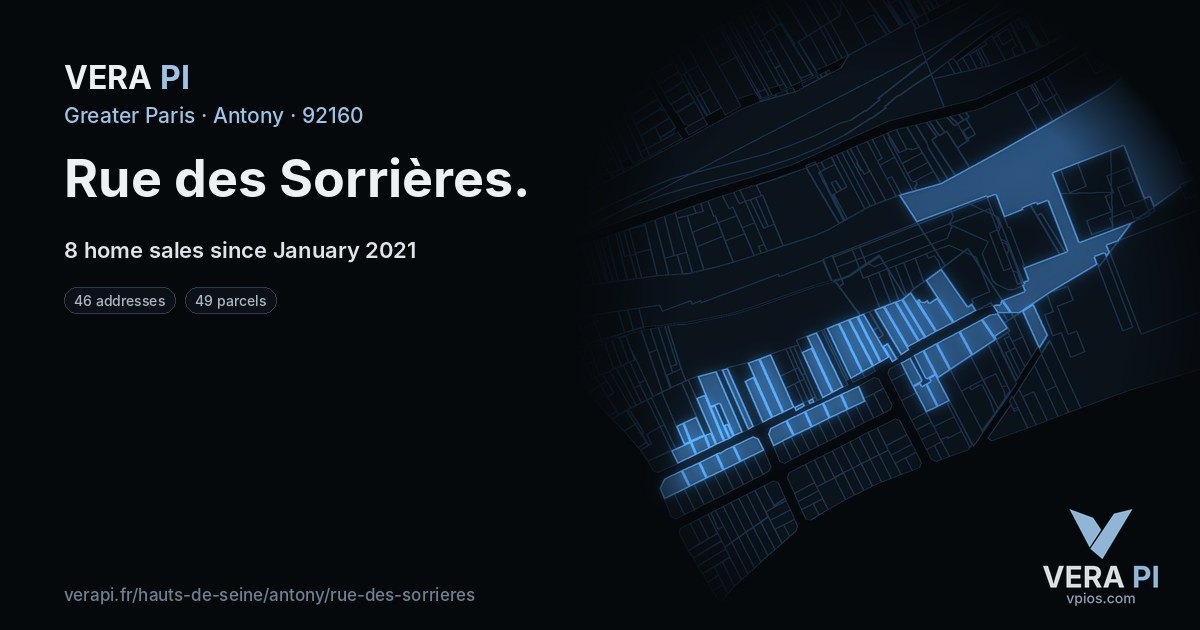 Rue des Sorrières, Antony at night – every parcel coloured by the prices around it, the street's own parcels lit