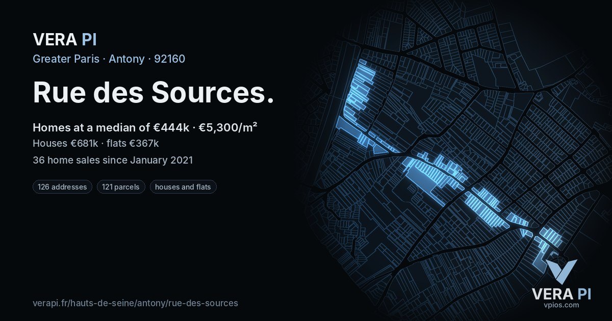 Rue des Sources, Antony at night – every parcel coloured by the prices around it, the street's own parcels lit