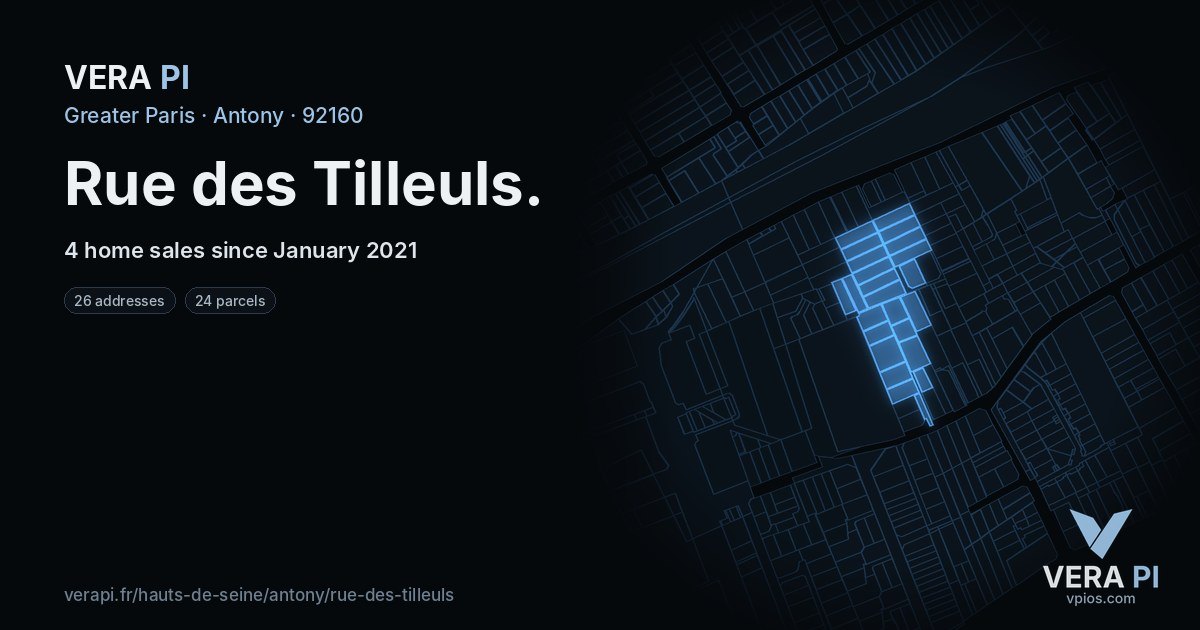 Rue des Tilleuls, Antony at night – every parcel coloured by the prices around it, the street's own parcels lit