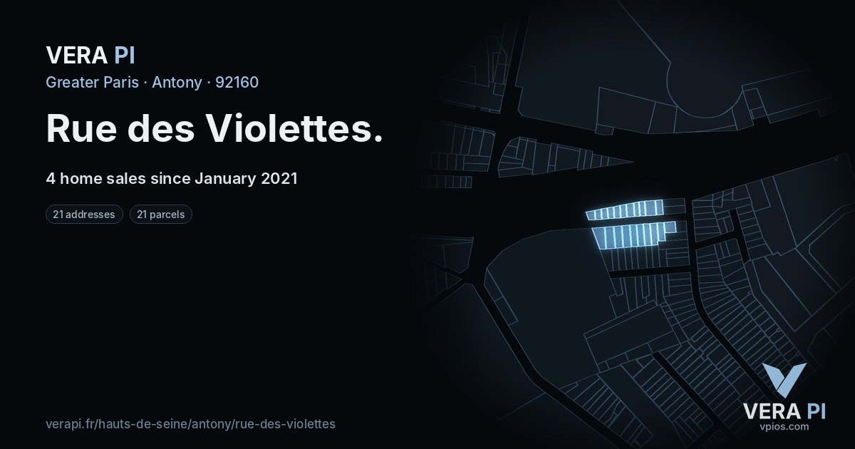 Rue des Violettes, Antony at night – every parcel coloured by the prices around it, the street's own parcels lit