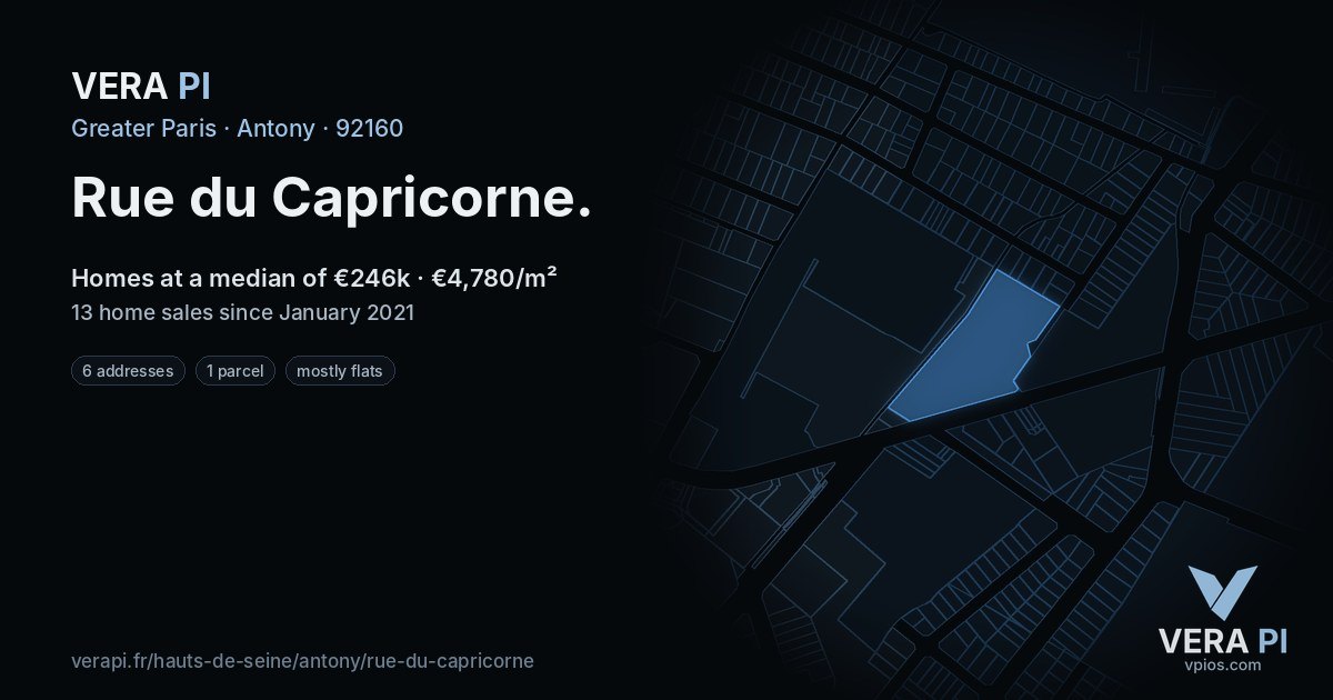 Rue du Capricorne, Antony at night – every parcel coloured by the prices around it, the street's own parcels lit
