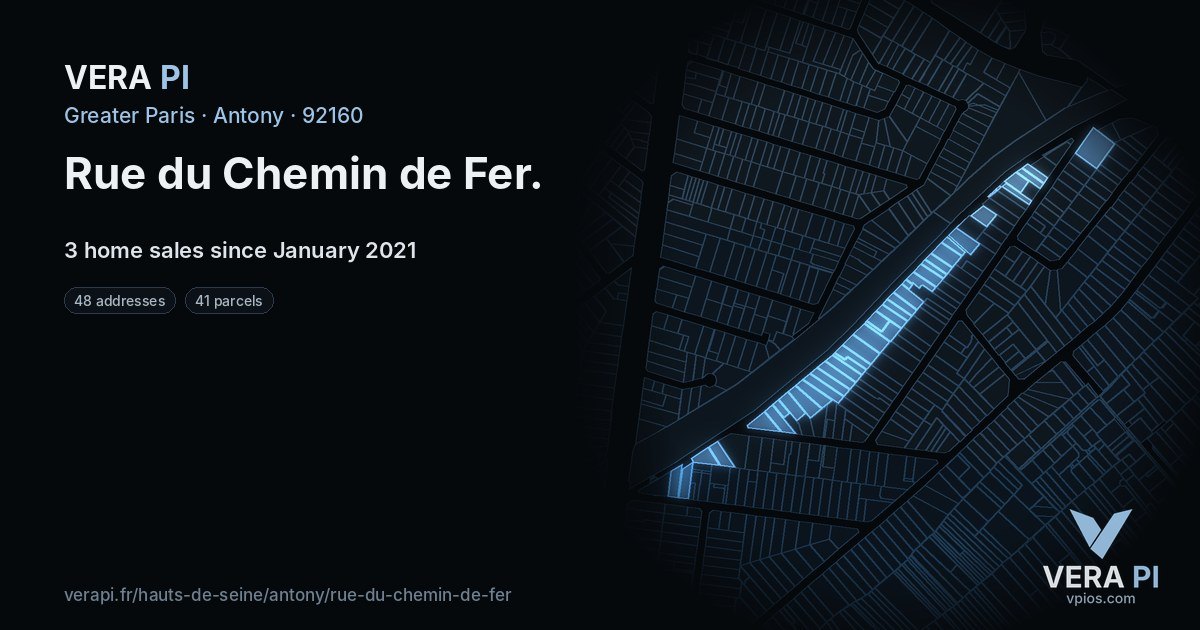 Rue du Chemin de Fer, Antony at night – every parcel coloured by the prices around it, the street's own parcels lit