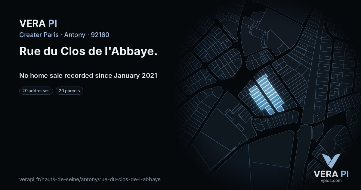 Rue du Clos de l'Abbaye, Antony at night – every parcel coloured by the prices around it, the street's own parcels lit