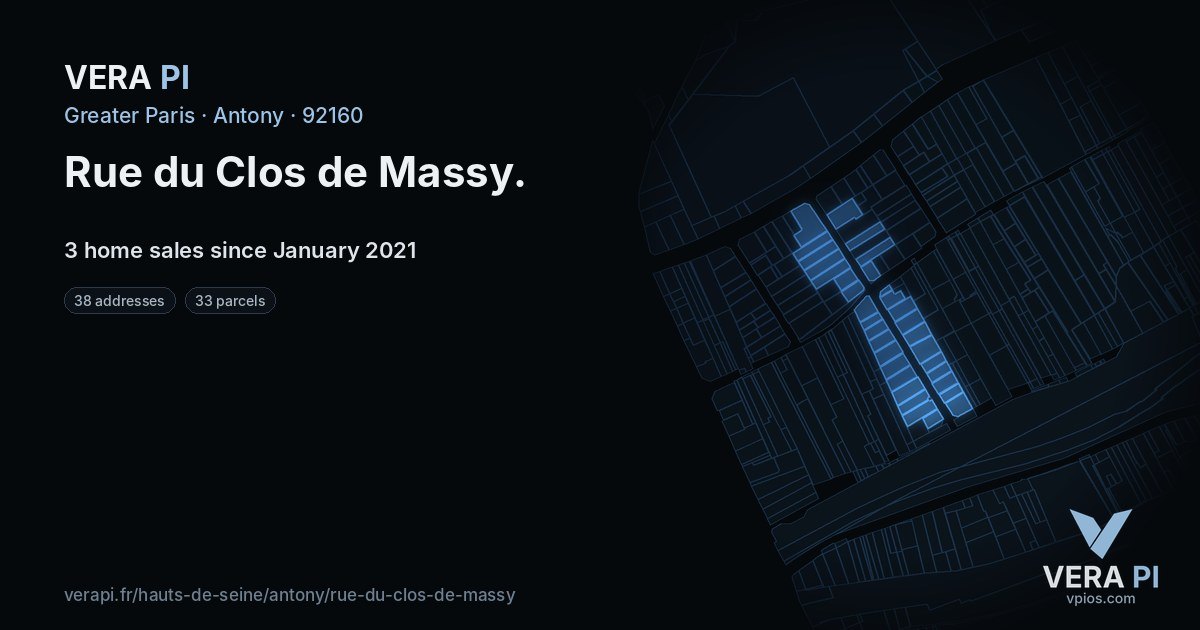Rue du Clos de Massy, Antony at night – every parcel coloured by the prices around it, the street's own parcels lit