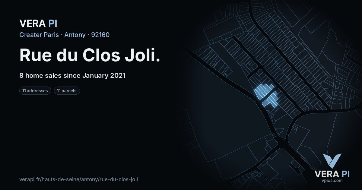 Rue du Clos Joli, Antony at night – every parcel coloured by the prices around it, the street's own parcels lit