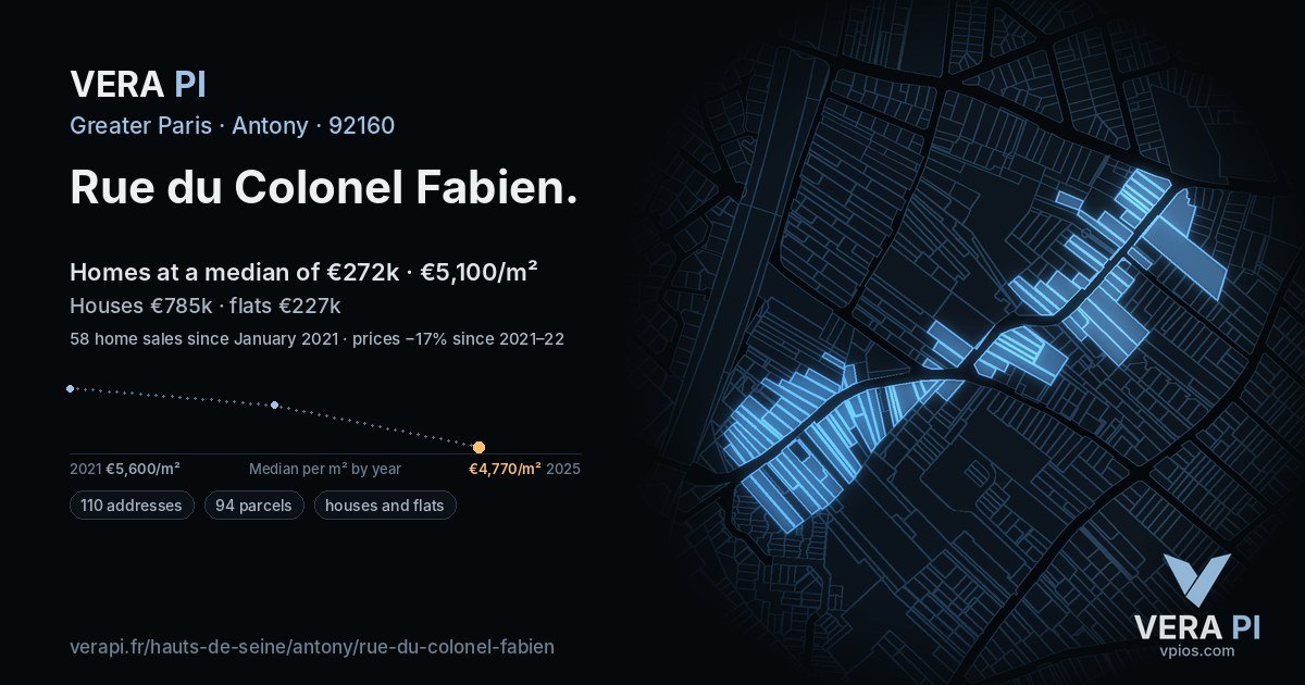 Rue du Colonel Fabien, Antony at night – every parcel coloured by the prices around it, the street's own parcels lit